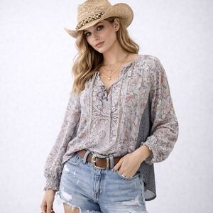 Cynthia Rowley Gray and Pink Paisley Peasant Blouse Embroidered Lace Detail